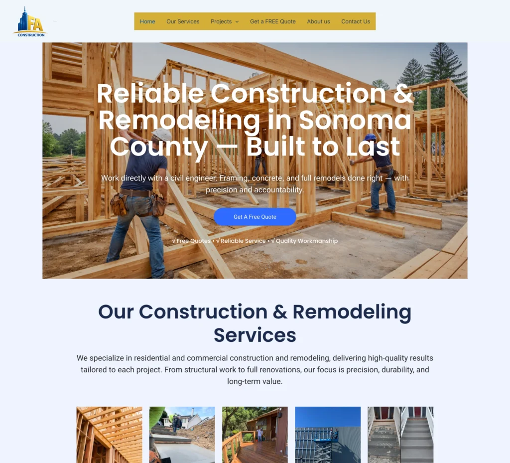 FA Construction and Remodeling website homepage for residential and commercial construction services in Sonoma County, California.