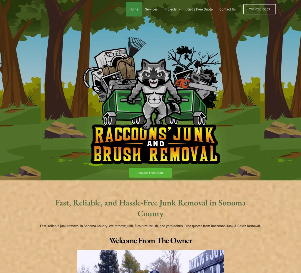 Raccoons Junk and Brush Removal website homepage for junk removal and brush cleanup services in Sonoma County, California.